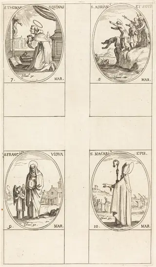 St. Thomas Aquin; St. Adrian and Companions; St. Frances; St. Macari, by Jacques Callot, ink, 1634