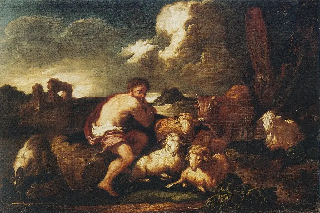 Landscape with shepherd and animals, by Philipp Peter Roos, oil, 1691
