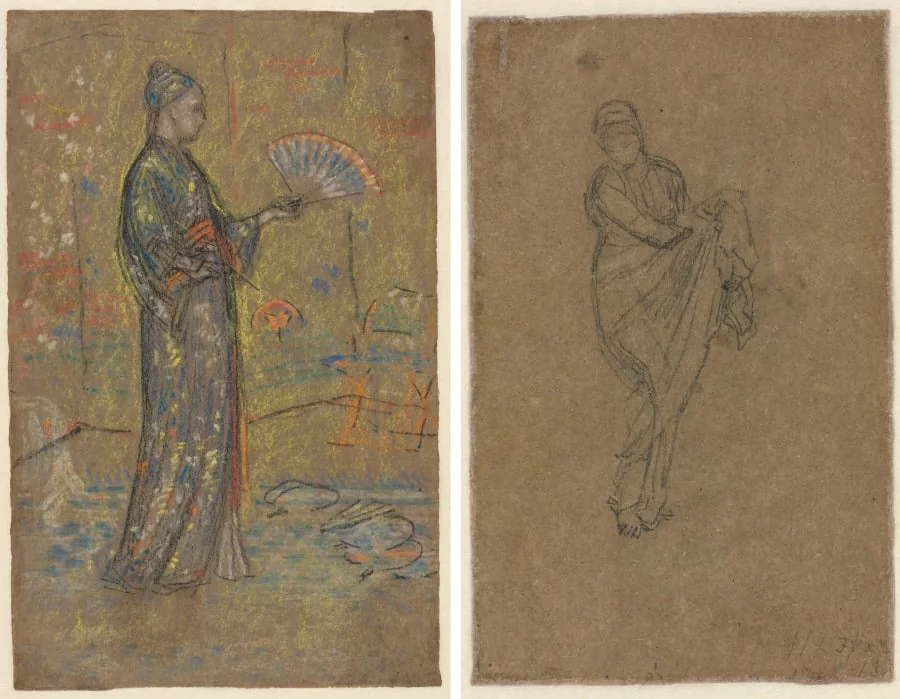 Japanese Woman Painting a Fan (recto); Standing Woman Holding Up Her Dress (verso), detail