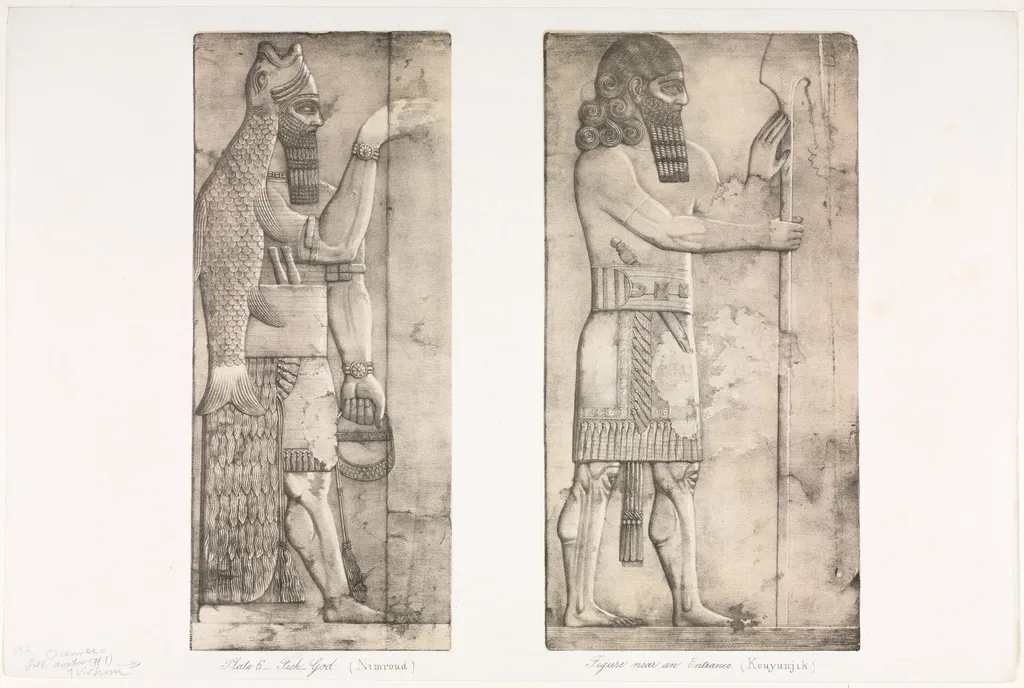 Monuments of Ninevah: Plate 6, Fish-god (Nimroud); Figure near an Entrance (Kouyunjik), by Austen Henry Layard, 1853