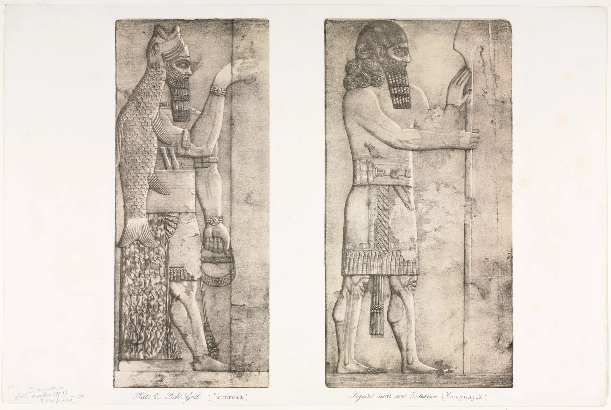 Monuments of Ninevah: Plate 6, Fish-god (Nimroud); Figure near an Entrance (Kouyunjik), detail