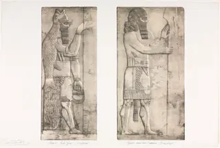 Monuments of Ninevah: Plate 6, Fish-god (Nimroud); Figure near an Entrance (Kouyunjik), by Austen Henry Layard, 1853