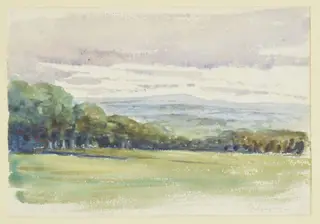 Sketch of a wooded landscape viewed from Gwaynynog, Denbigh, by Beatrix Potter, watercolor, 1