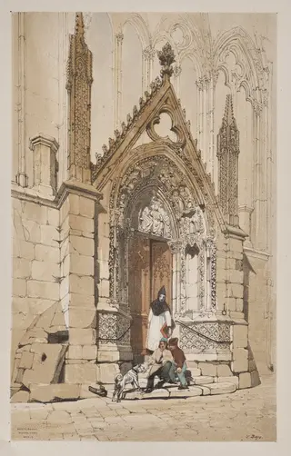 Picturesque Architecture in Paris, Ghent, Antwerp, Rouen:  Porte Rouge, Nôtre Dame, Paris, by Thomas Shotter Boys, 1839