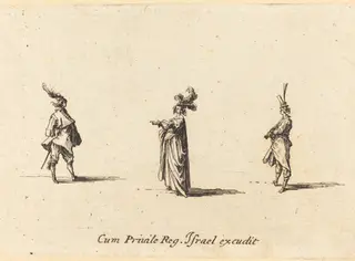 Lady with Plumed Hat, and Two Gentlemen, by Jacques Callot, ink, 1634