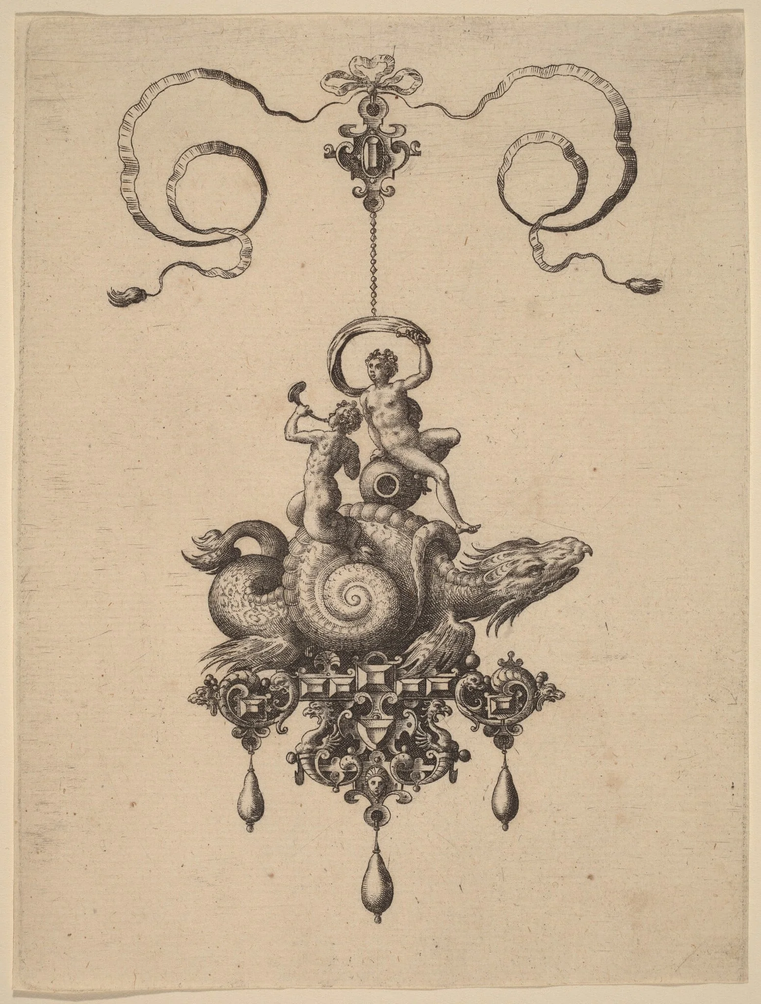 Design for a Pendant with a Sea-Monster in a Shell Carrying a Triton and a Woman with a Sail, detail