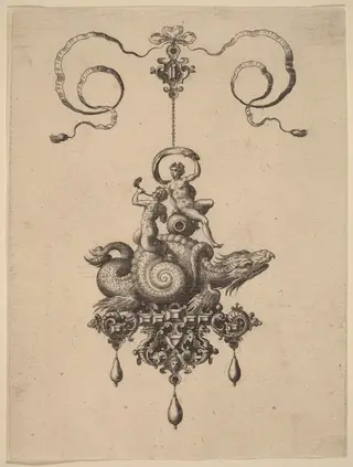 Design for a Pendant with a Sea-Monster in a Shell Carrying a Triton and a Woman with a Sail, by Adriaen Collaert, ink, 1582