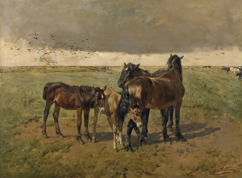 Foals in the Paddock, by Alfred Verwee, oil, 1876