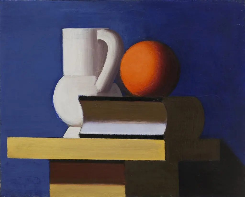 Still Life with White Jar, Orange and Book, by Vilhelm Lundstrøm, oil, 1932