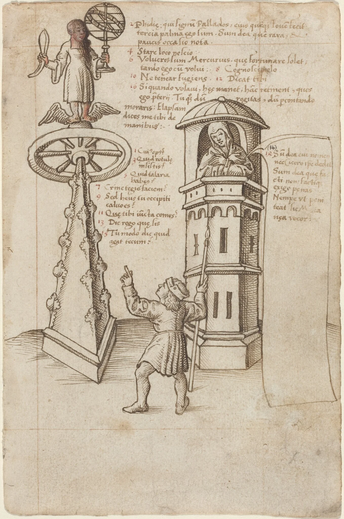The Statue of Opportunity, a Passer-by, and Remorse [fol. 8r], detail