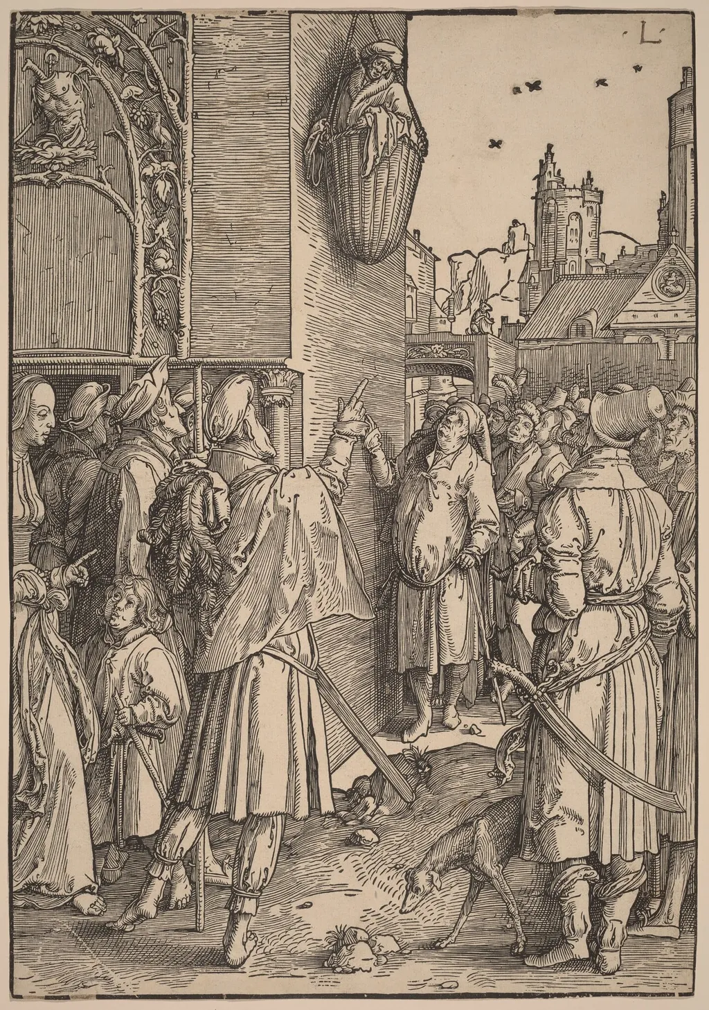 The Poet Virgil Suspended in a Basket, by Lucas van Leyden, ink, 1512