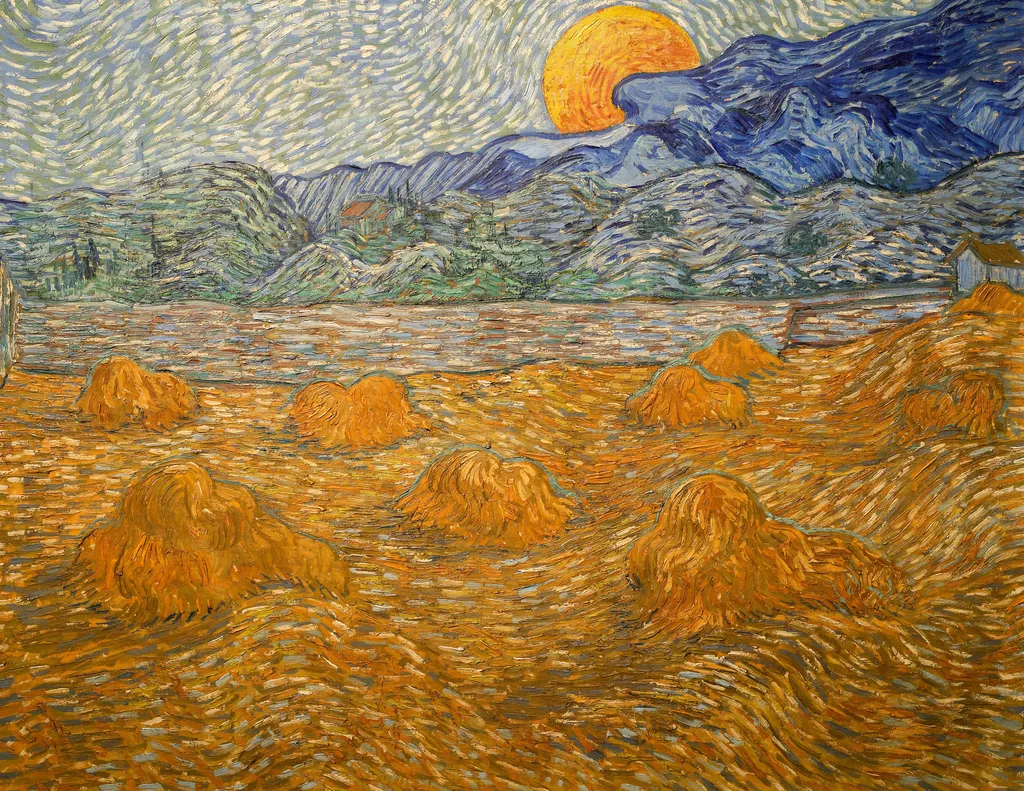Landscape with wheat sheaves and rising moon, by Vincent van Gogh, oil, 1889