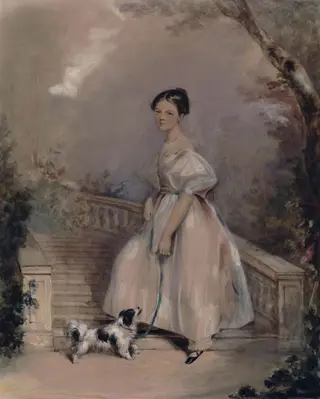 Young Girl with a Dog on the Terrace, by Thomas Musgrave Joy, watercolor, 1834