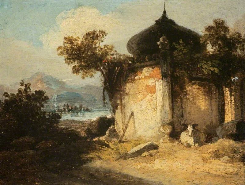 Bengal landscape with a Hindu Shrine or Tomb, detail