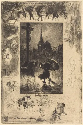 Le bruit de deux sabots traînant... (The sound of two clogs shuffling...), by Félix-Hilaire Buhot, ink, 1878