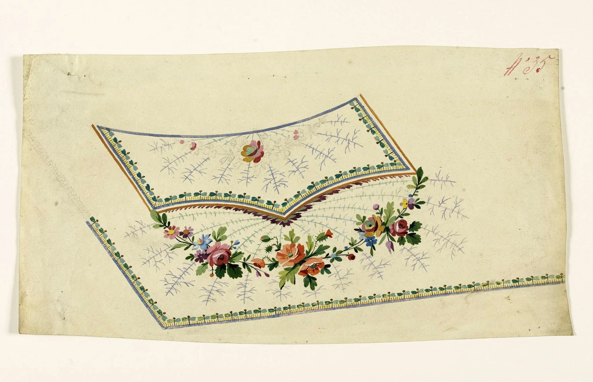 Composition avec guirlandes de fleurs multicolores, motifs rayonnants de branches et frises stylisées, projets de broderies de gilet, XVIIIème siècle, detail