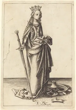 Saint Catherine, by Israhel van Meckenem, ink, 1485