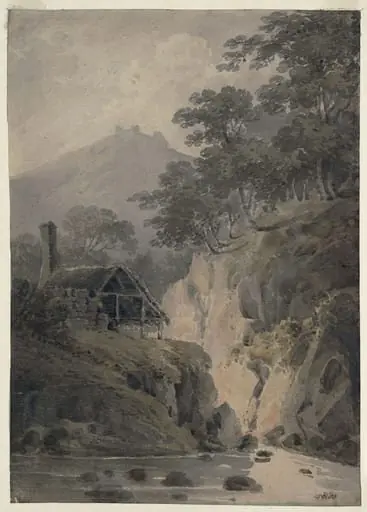 Rocky landscape in Cornwall, by Bourne, watercolor, 1800