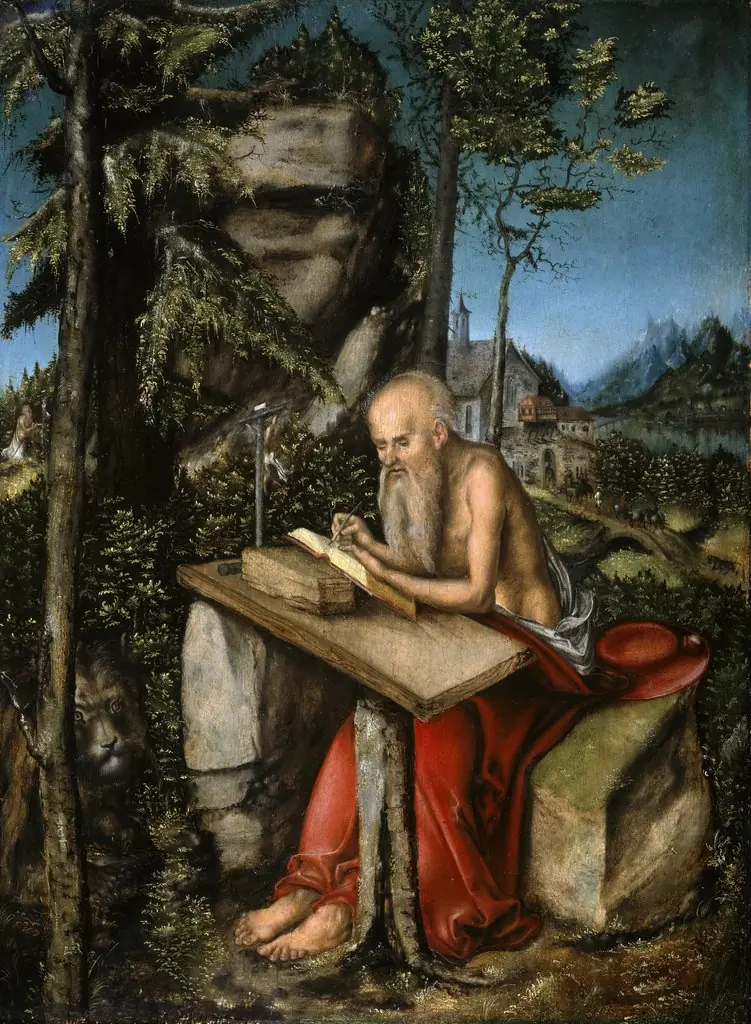 St. Jerome in Rocky Landscape, by Lucas Cranach the Elder, paint, 1515