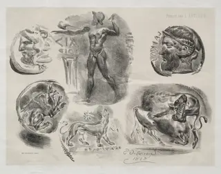 Sheet with Six Antique Medals, by Eugène Delacroix, 1825