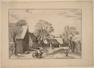 Farms and Shed, by Lucas van Doetechum, ink