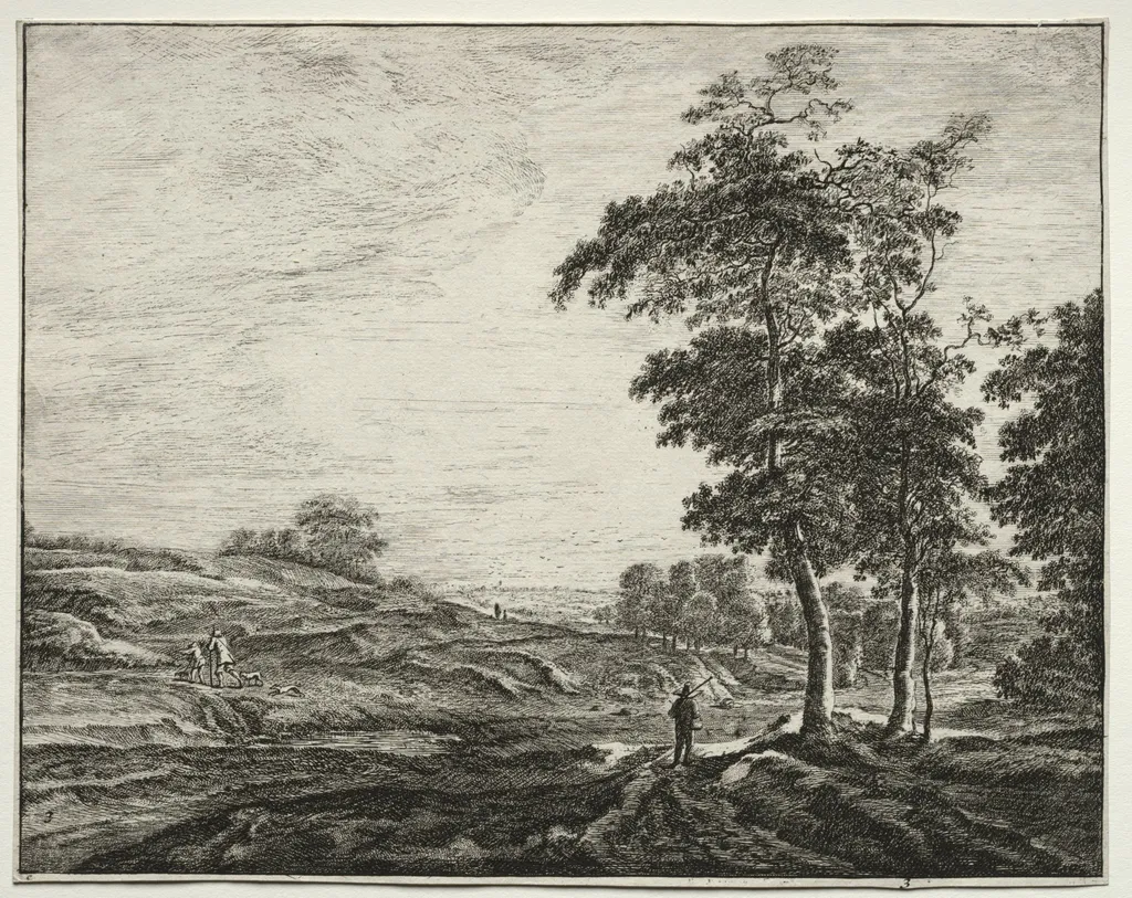 Six views in the Wood of the Hague: Plate 3, Peasant Seen from the Back, by Roelant Roghman, 1646