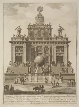 The Seconda Macchina for the Chinea of 1785: A Pleasure Palace with an Air Balloon, by Francesco Barbazza, ink, 1785