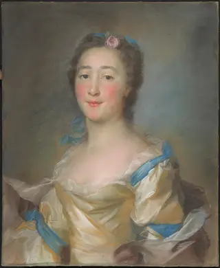 A Young Lady in a Yellow Gown with Blue Ribbons, by Jean-Baptiste Perronneau, pastel, 1767