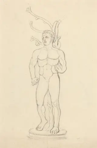 Statue of a Male Nude before a Tree, by John Flaxman, graphite, 1790