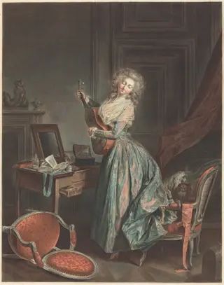 A Woman Playing the Guitar, by Jean-François Janinet, ink, 1788