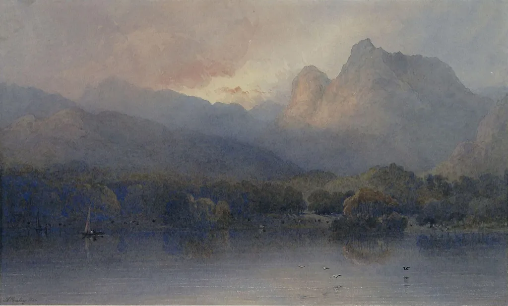 Approaching evening, the Langdale pikes from Windermere, by Aaron Edwin Penley, watercolor, 1846