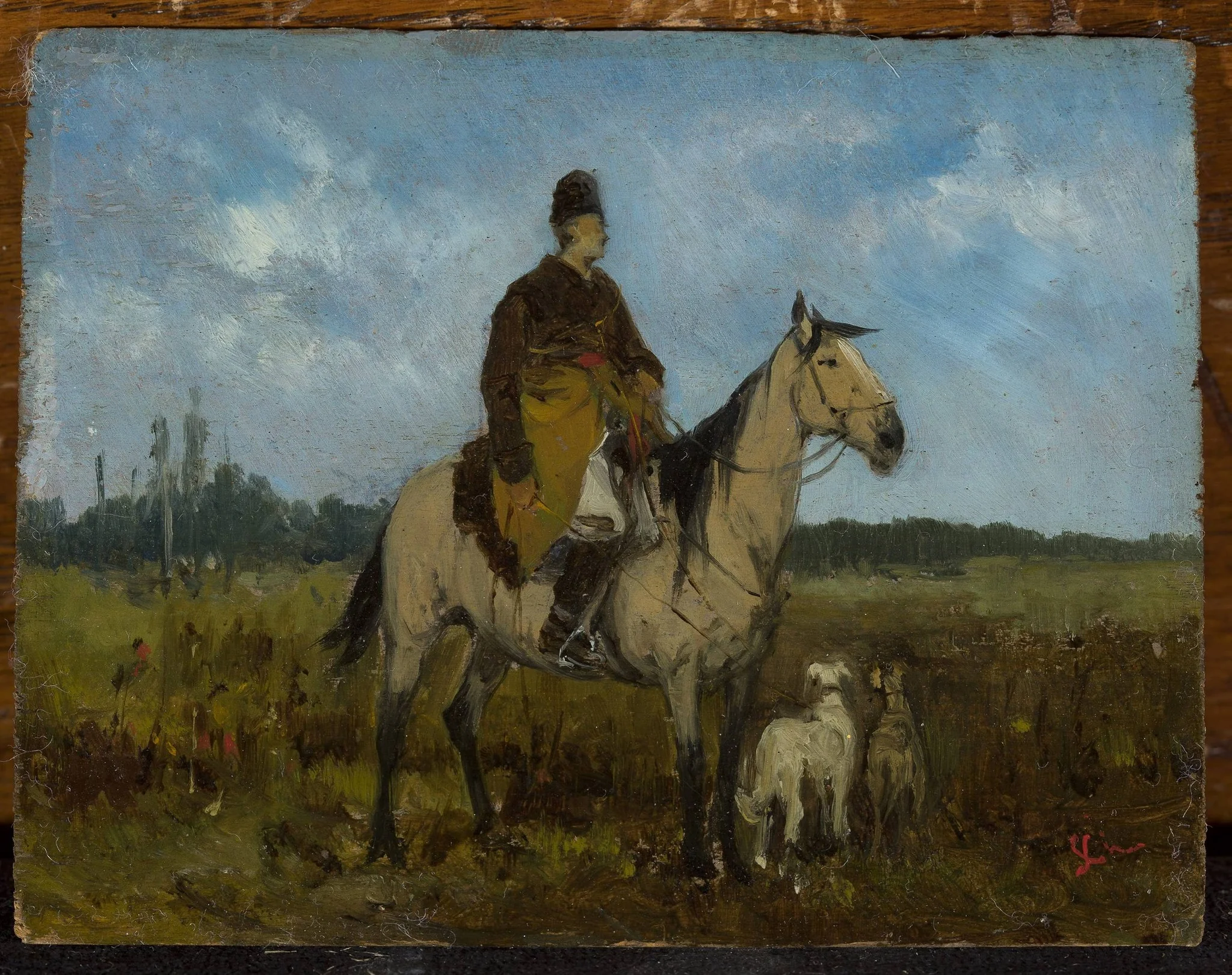 Rider on horseback with greyhounds, detail