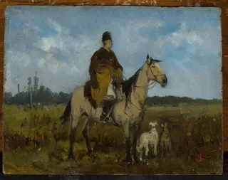 Rider on horseback with greyhounds, by Jan Chełmiński, oil, 1873