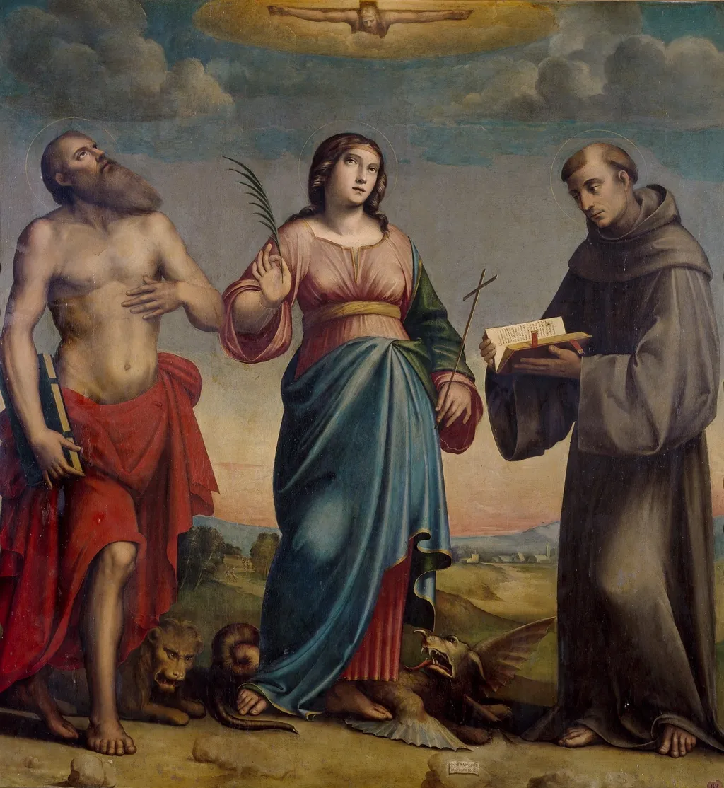 San Jerónimo, Santa Margarita y San Francisco, by Giacomo Raibolini, oil, 1518