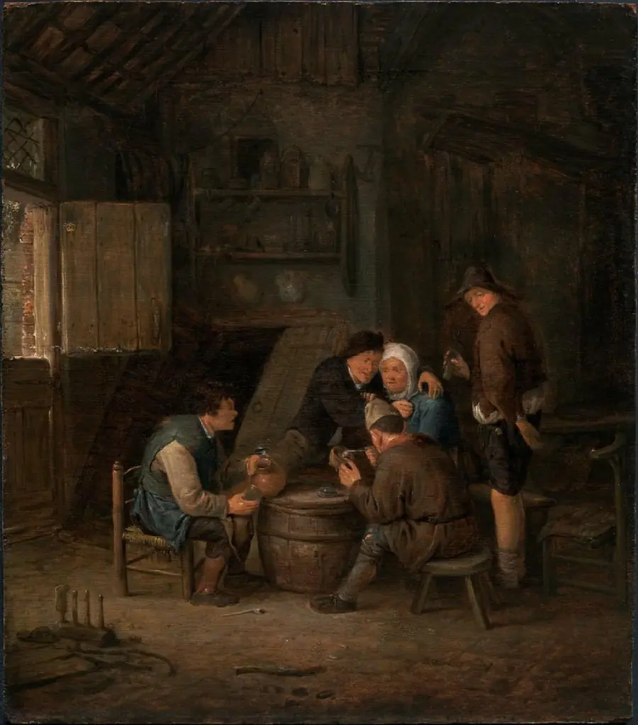 Peasants Gathered Round a Barrel, by Adriaen van Ostade, unspecified, 1655
