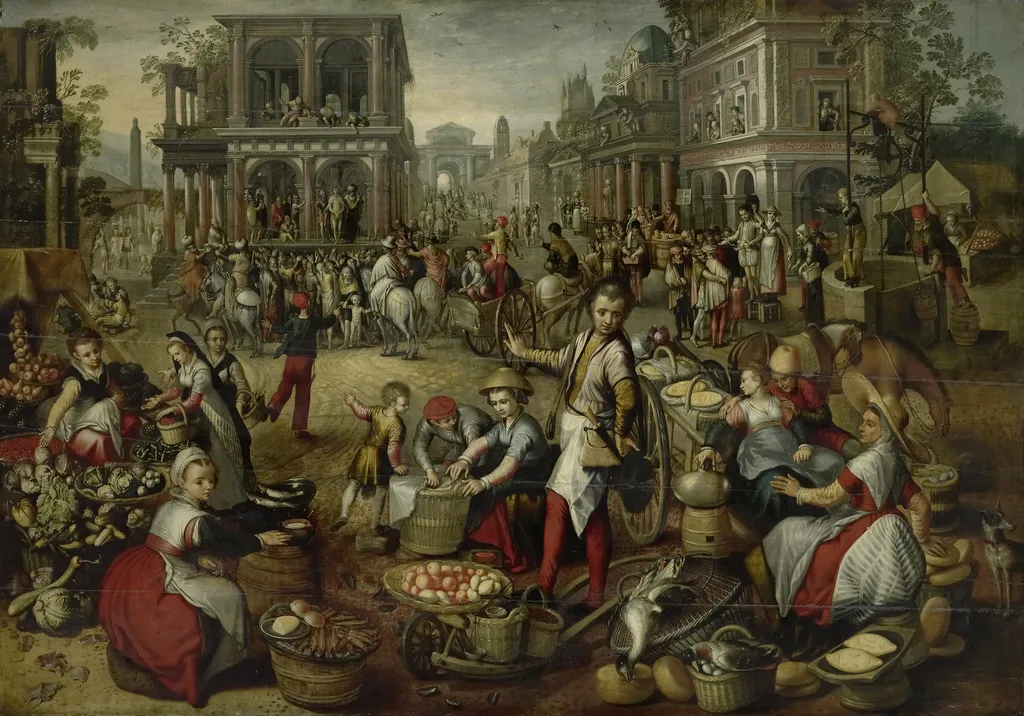 Marketplace with the flaggellation, the Ecce Homo and the bearing of the cross in the background, by Joachim Beuckelaer, oil, 1550