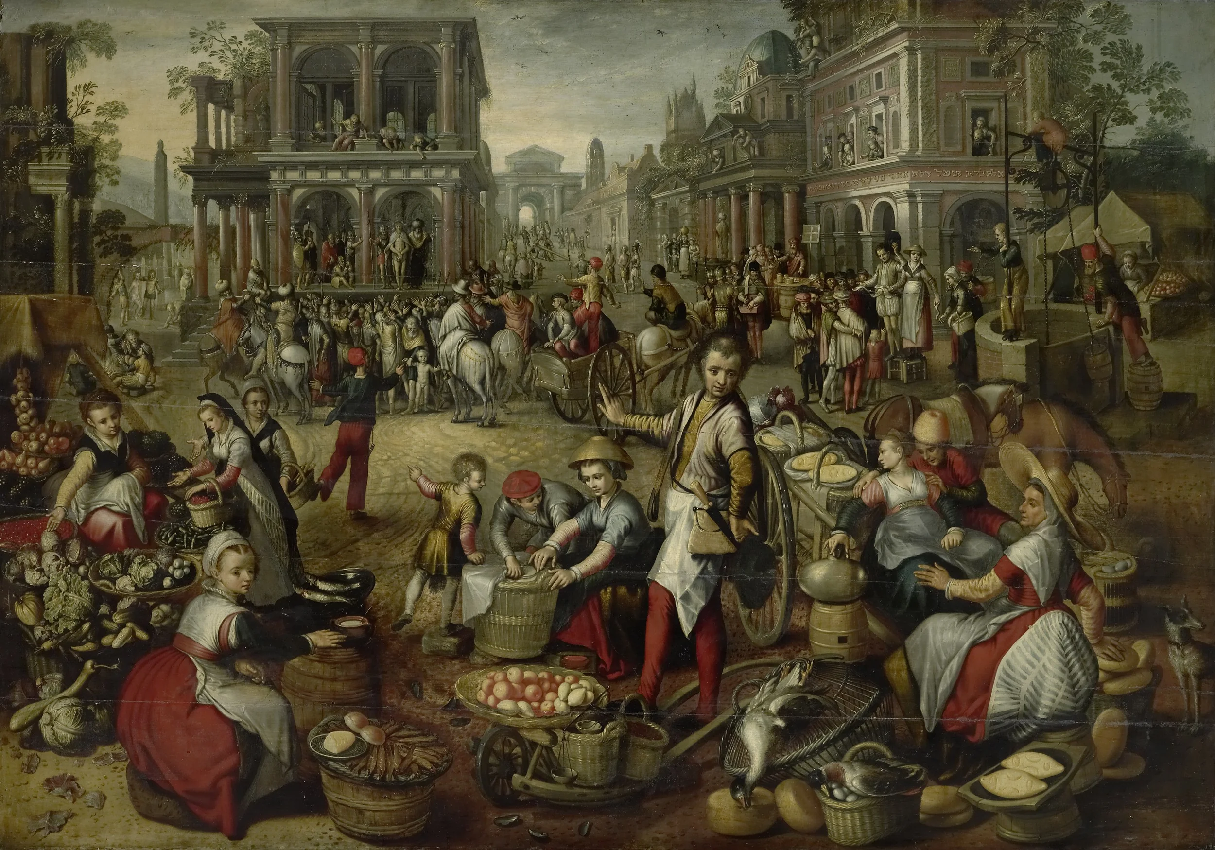 Marketplace with the flaggellation, the Ecce Homo and the bearing of the cross in the background, detail