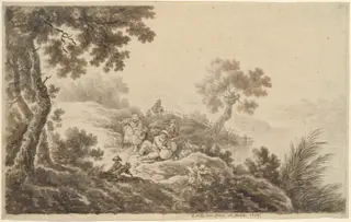 Landscape with Travelers, by Johann Albrecht Dietzsch, ink, 1776