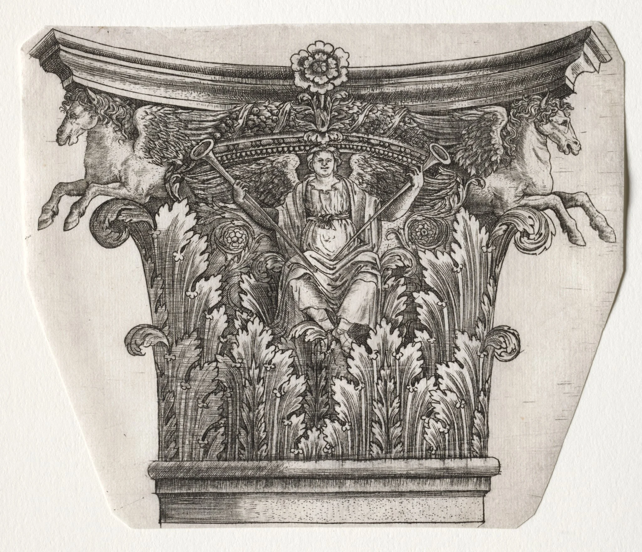 Base and Capital with Figure of Fame and Winged Horses (capital), detail