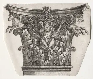 Base and Capital with Figure of Fame and Winged Horses (capital), by Master G. A. with the man-trap, 1538