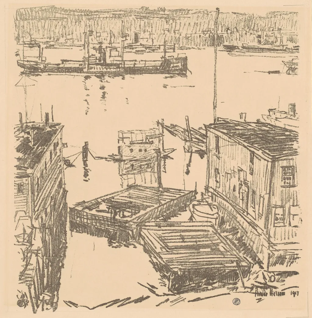 North River, by Childe Hassam, ink, 1917