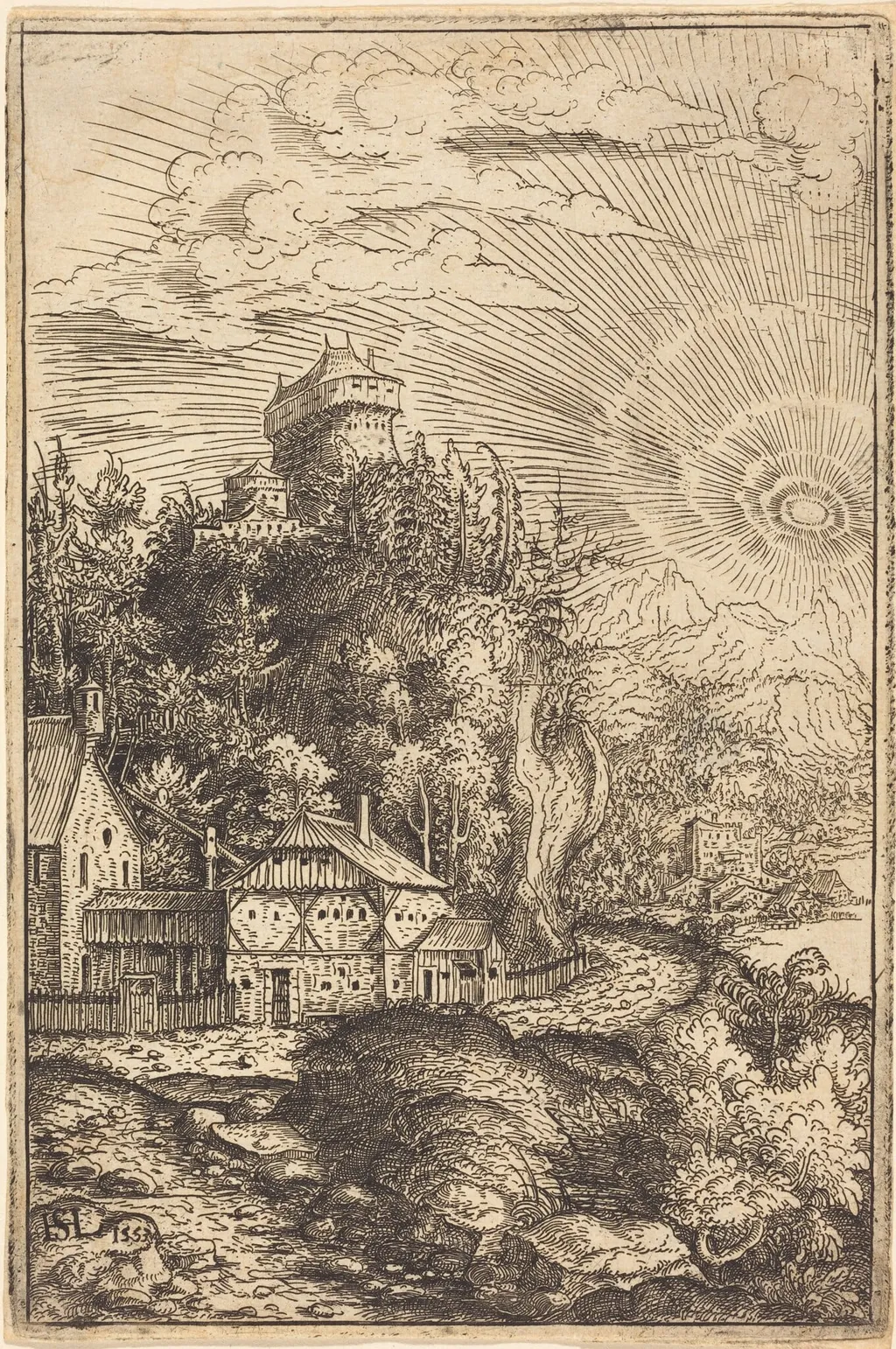 Landscape with a Castle and Radiating Sun, by Hanns Lautensack, ink, 1553