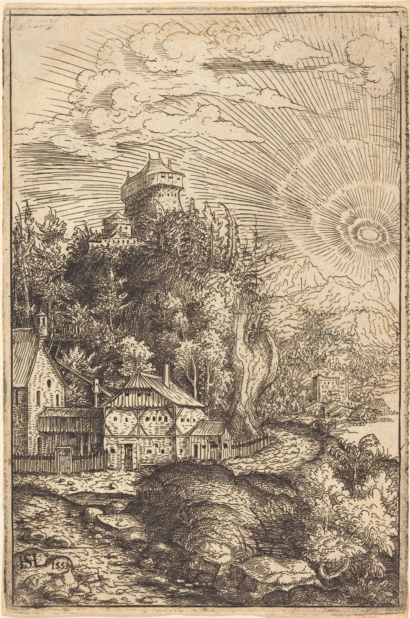 Landscape with a Castle and Radiating Sun, detail