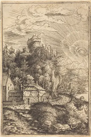 Landscape with a Castle and Radiating Sun, by Hanns Lautensack, ink, 1553