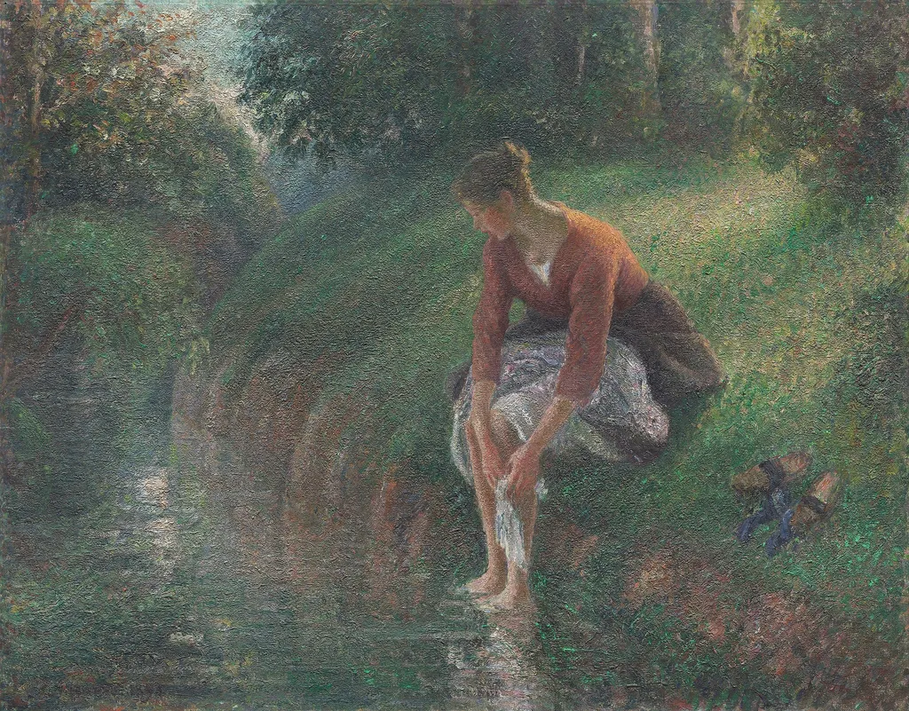 Woman Bathing Her Feet in a Brook, by Camille Pissarro, oil, 1898