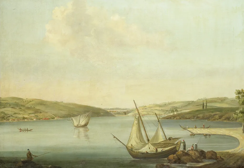View of the Bosporus, taken from the Height of Beykoz to the northwest, with the Aqueduct of Justinian in the background, by Jan van der Steen, oil, 1775