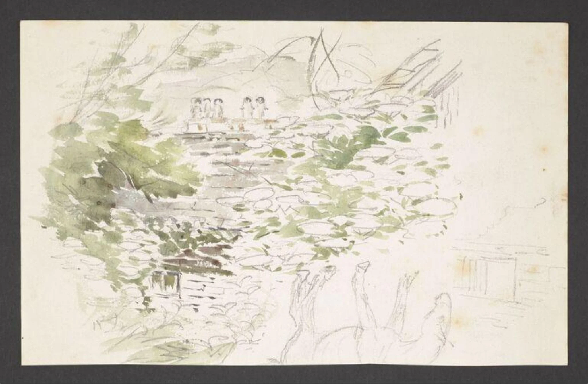 Study of a view through trees to the roof of a house and a rough sketch of a horse, detail