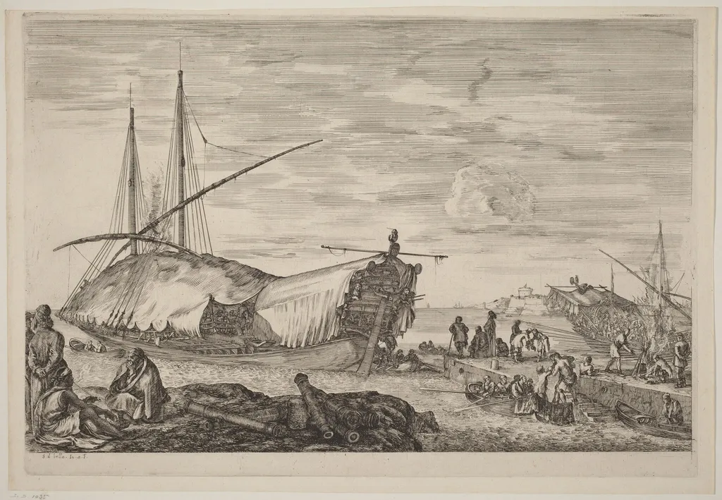 Galley with Deck Covered with Sails, by Stefano Della Bella, ink, 1654