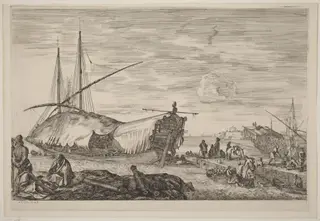 Galley with Deck Covered with Sails, by Stefano Della Bella, ink, 1654