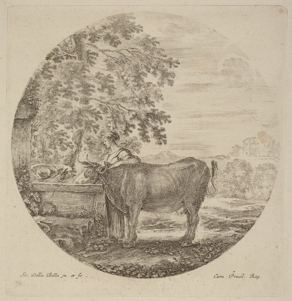 Cow and Young Shepherd at a Fountain, by Stefano Della Bella, ink, 1637